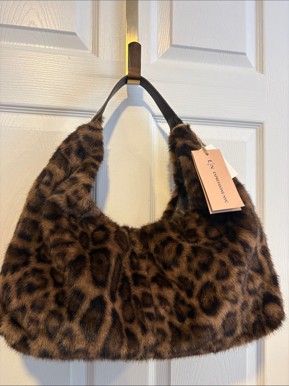 BNWT EXPRESSIONS NYC Leopard Print Faux Fur Shoulder Bag - Brown and Black